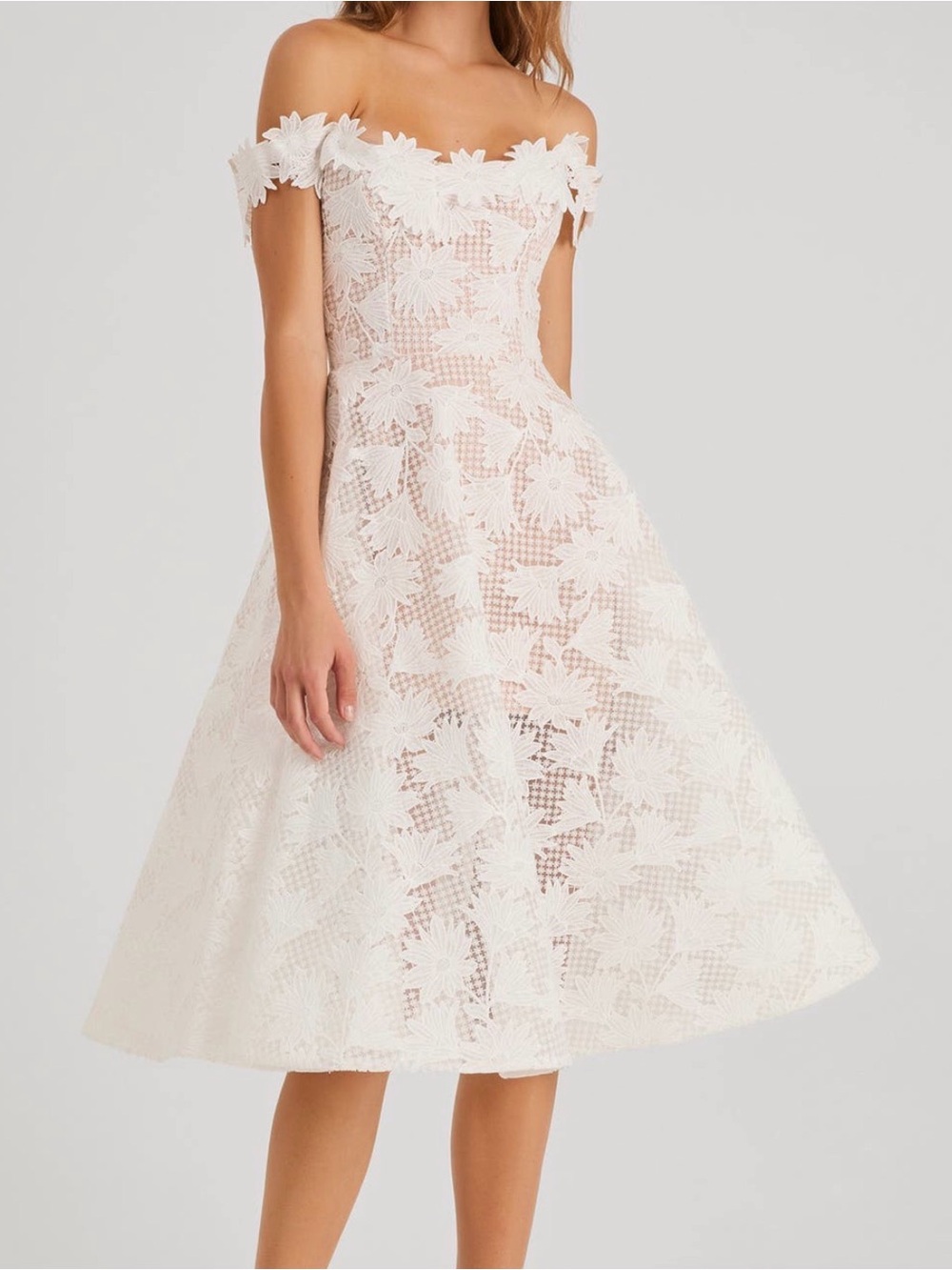 Helsi Valentina Floral Appliqué Off-Shoulder White Floral Midi Dress